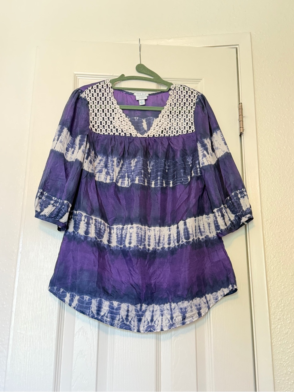 CALYPSO St. Barth Purple Tie-Dye Crochet Yoke Peasant Top Size S